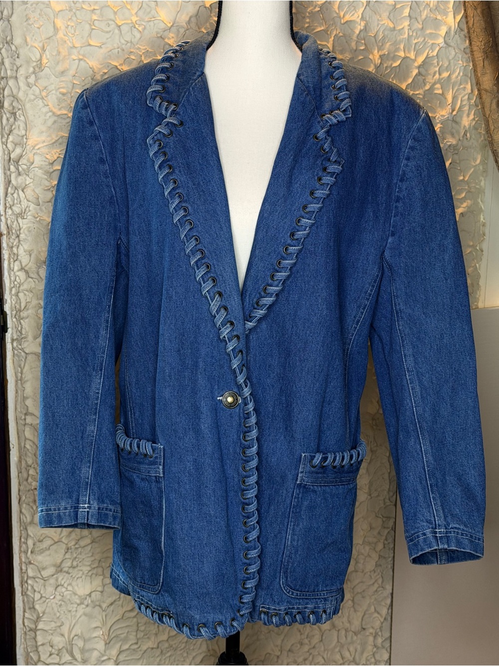Vintage 1980s Regina Porter Denim Blazer Jacket Whipstitch Studded Trim Size 14